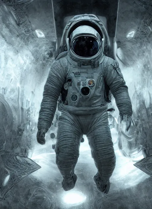 Image similar to infrared concept art by craig mullins astronaut in futuristic dark and empty spaceship underwater. complex and hyperdetailed technical suit. mandelbulb fractal. reflection and dispersion materials. rays and dispersion of light. volumetric light. 5 0 mm, f / 3 2. noise film photo. flash photography. octane render. interstellar movie art