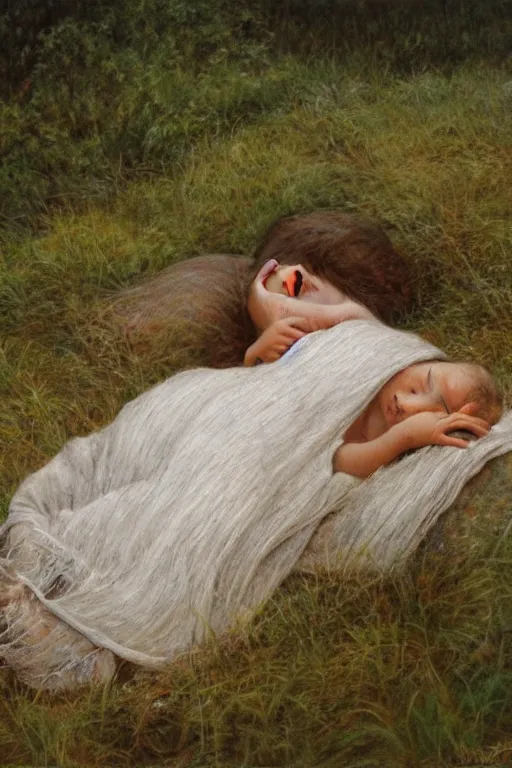 Image similar to peasant girl sleeping in a baby Pose on a stone in a foggy forest, high-key lightning, realistic, aesthetic, sad atmosphere, neutral colors, detailed illustration, oil on canvas by Steve Hanks