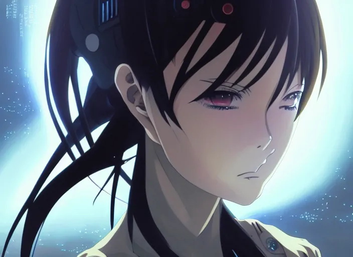 Image similar to a anime portrait of a cyborg woman, finely detailed features, closeup at the face, large eyes, sharp focus, perfect art, night - time city background, cinematic lighting, highly detailed, intricate, anime, illustration, artstation, trending on pixiv fanbox, painted by greg rutkowski, studio ghibli, yoji shinkawa, hayao miyazaki,