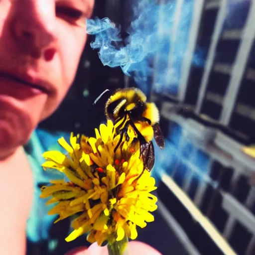 Image similar to a bumblebee smoking a joint in Las Vegas