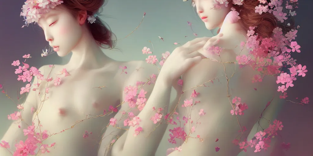 Prompt: breathtaking delicate many detailed concept art with flowers and girls, by hsiao - ron cheng, bizarre compositions, exquisite detail, pastel colors, 8 k