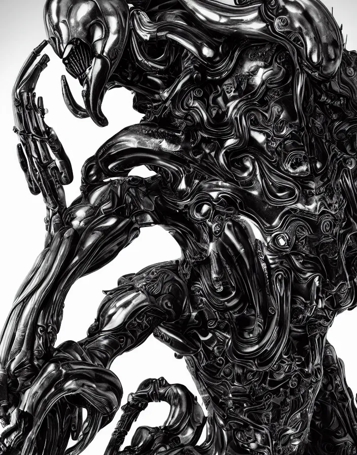 Image similar to engineer prometheus, xenomorph alien, highly detailed, symmetrical long head, smooth marble surfaces, detailed ink illustration, raiden metal gear, cinematic smooth stone, deep aesthetic, concept art, post process, 4k, carved marble texture and silk cloth, latex skin, highly ornate intricate details, prometheus, evil, moody lighting, hr geiger, hayao miyazaki, indsutrial Steampunk