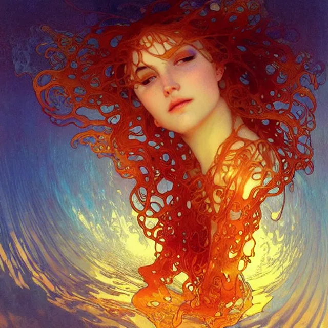 Image similar to mind bending ocean waves of glossy liquid honey drops flowing like psychedelic translucent amber, lsd waves, lsd ripples, backlit, sunset, refracted lighting, art by collier, albert aublet, krenz cushart, artem demura, alphonse mucha