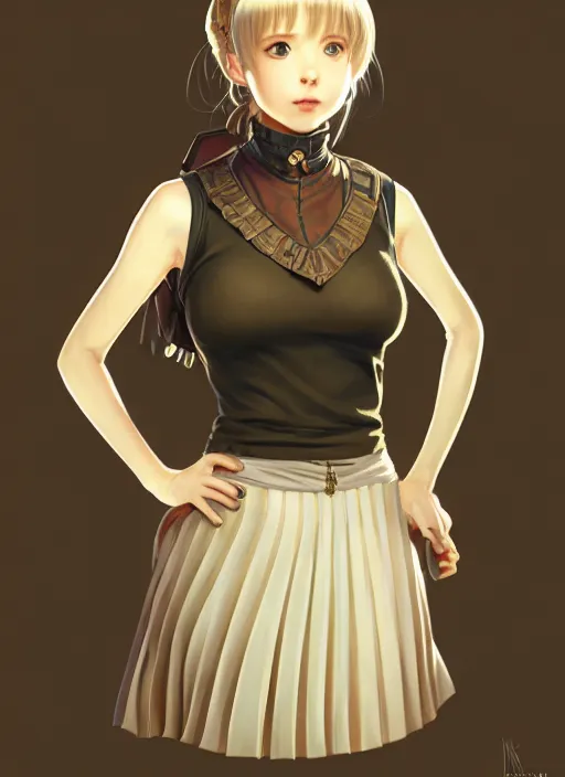 Image similar to portrait of a full body of beautiful young female detective, d & d, sleeveless turtleneck, pleated skirt, fantasy, flat lighting, intricate, highly detailed, digital painting, artstation, concept art, smooth, sharp focus, illustration, misa amane, art by simon bisley and greg rutkowski and alphonse mucha, natural tpose