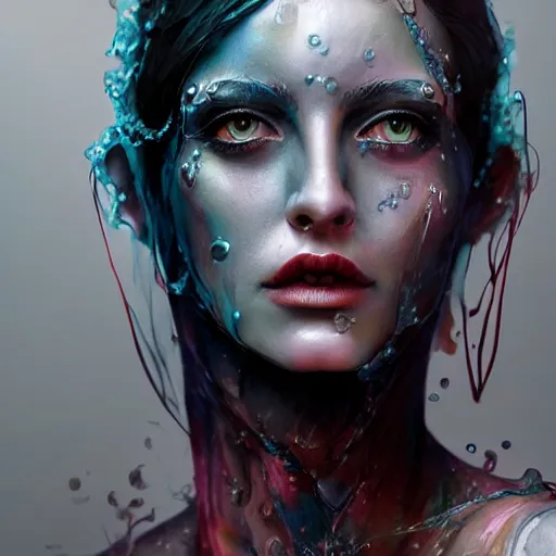 Image similar to woman portrait made out of water color paint, beautiful, cyborg, octane render, tim burton comic book art