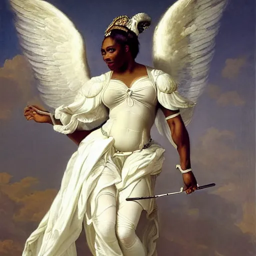 Image similar to Full body Portrait of Serena Williams as Nike Goddess, large wings, luxuriant, dreamy, eternity, romantic, strong pose, highly detailed, in the style of Franz Xaver Winterhalter, highly detailed, in the style of Aetherpunk