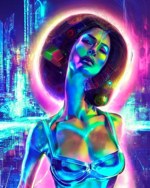 Image similar to a powerful energy psychedelic matrix latin woman, by alexander fedosav, hyper detailed digital matte painting, concept art, hyperrealism, 1 6 k resolution, cinema 4 d, 8 k resolution, trending on artstation, behance hd, a masterpiece, by stephan martiniere, particles, cel - shaded, power bright neon energy, by david a. hardy