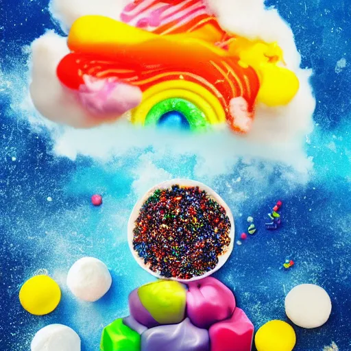 Prompt: !dream A world made entirely of candy, where the sky is a deep blue and the sun is a giant marshmallow. The ground is soft and bouncy like cotton candy, and every creature is some kind of dessert. Multi-compositional image with food photography.