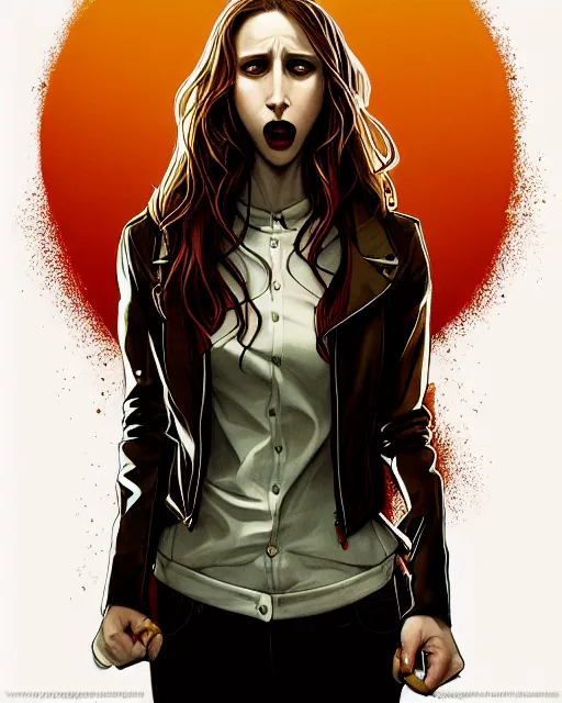 Image similar to in the style of Joshua Middleton and artgerm, beautiful evil vampire Taissa Farmiga sharp bloody vampire fangs open mouth, yellow eyes, symmetrical eyes, realistic face, symmetrical face, brown leather jacket, jeans, long black hair, full body, moody lighting