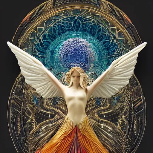 Prompt: ivory figure sculpture depicting the fall of an angel, exuberant organic elegant forms, by Karol Bak and Filip Hodas:: colorful intricate mandala explosions:: Intuit art:: damask wallpaper:: symmetrical