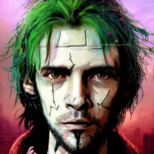 Prompt: cyberpunk, closeup portrait of a shaggy cyberpunk junkie in his 2 0 s, eye bags, three day stubble, ex junkie, dramatic light, city background, sunset, dystopian setting, high contrast, sharp, neuromancer, henry dorsett case, painted by stanley lau, painted by greg rutkowski, painted by stanley artgerm, digital art, trending on artstation