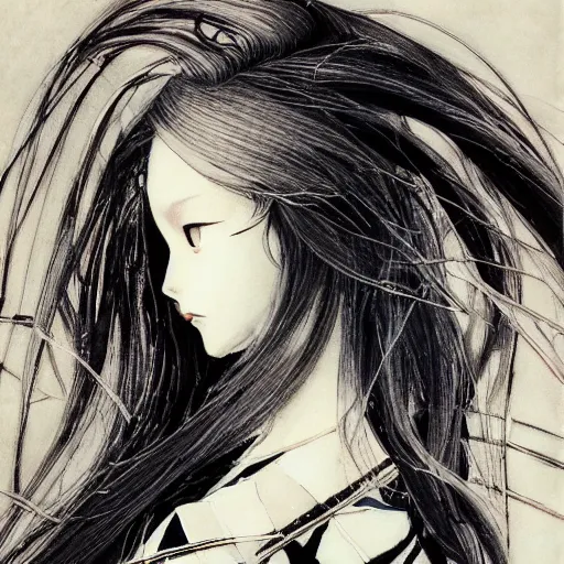 Prompt: Yoshitaka Amano realistic illustration of an anime girl wearing dress suit with tie with wavy white hair fluttering in the wind and cracks on her face, abstract black and white patterns on the background, noisy film grain effect, highly detailed, Renaissance oil painting, weird portrait angle