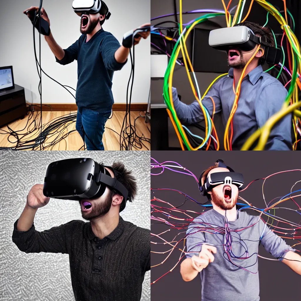 Prompt: a man screaming wearing virtual reality covered in cables and wires