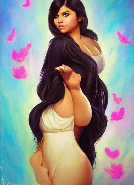 Prompt: beautiful thirty year old woman with long black hair, tan skin, curvy hourglass figure, round cute face, slightly resembles selena gomez wearing a colorful disney princess gown at her birthday party. beautiful painting by artgerm and raymond swanland and bouguereau and lois van baarle