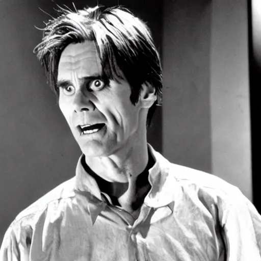 Prompt: Jim Carrey as Norman Bates in the movie Psycho movie still