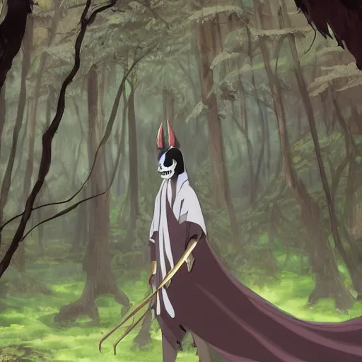 Image similar to concept art painting of an anthropomorphic dragon king with black robes, a long neck, and skull mask, in a deep forest, cel shaded, in the style of makoto shinkai and james gurney and studio ghibli and moebius