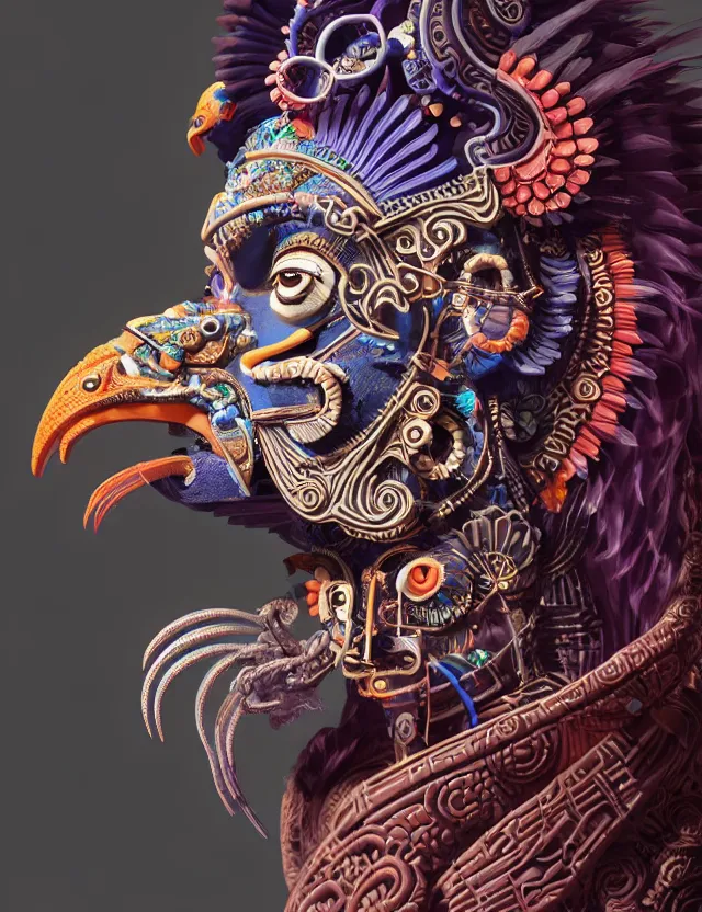 Image similar to 3 d goddess close - up profile portrait aztec with ram skull. beautiful intricately detailed japanese crow kitsune mask and clasical japanese kimono. betta fish, jellyfish phoenix, bio luminescent, plasma, ice, water, wind, creature, artwork by tooth wu and wlop and beeple and greg rutkowski