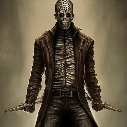 Prompt: a full body shot of pinhead, Long leather jacket. cinematic lighting, highly detailed, digital painting, concept art, smooth, sharp focus, illustration, art by Artgerm and Greg Rutkowski, Cgsociety