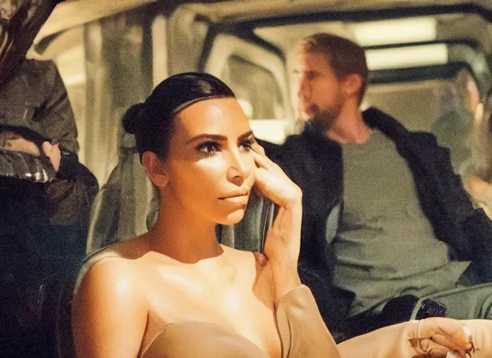 Image similar to a movie still of kim kardashian sitting with ryan gosling in the movie blade runner 2 0 4 9