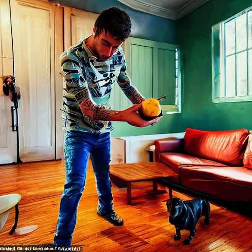 Image similar to award winning photograph, an argentinian playing fortnite with a dachshund, fruit around him, indoor, fun, friendly