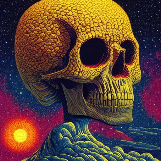 Image similar to ngc 3132 melting mysterious skull landscape by Casey Weldon, dan mumford 8k ultra high definition, upscaled, perfect composition , golden ratio, edge of the world, image credit nasa nat geo