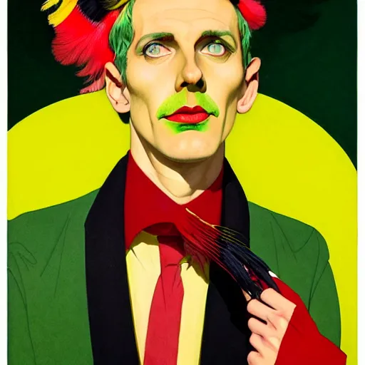 Image similar to art by joshua middleton, a medium shot portrait of the golden creeper, a tall manically smiling yellow - skinned man with green and black striped cycling shorts and wearing a long red and black striped ostrich feather boa, yellow makeup, mucha, kandinsky, poster, art deco motifs, comic art, stylised design, scarlet feather boa