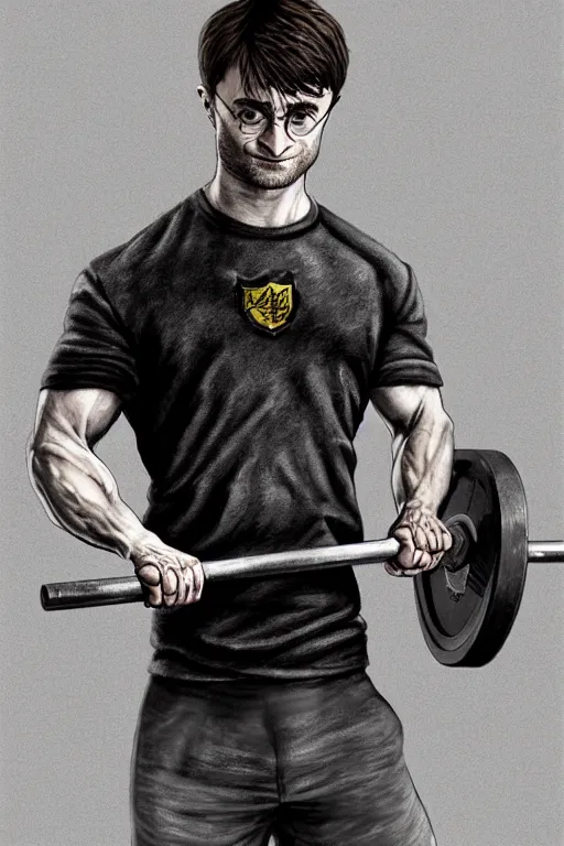 Image similar to highly detailed rendering of Daniel Radcliffe as Harry Potter doing barbell back squats, dingy workout gym, wearing a muscle tee shirt, muscular deep squats, symmetrical, highly detailed, digital painting, artstation, concept art, smooth, sharp focus, illustration, cinematic lighting, art by artgerm and greg rutkowski and alphonse mucha