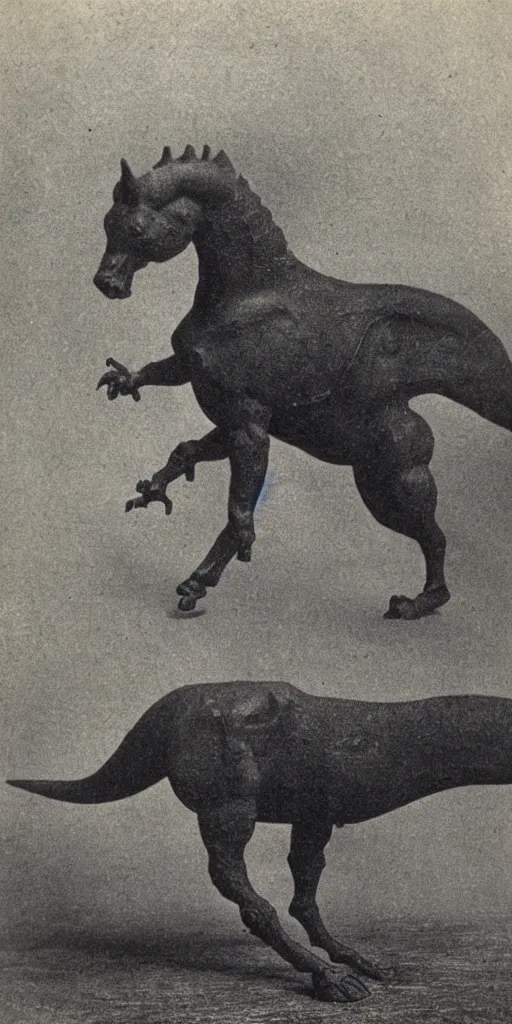 Prompt: [ [ [ [ [ t rex ] ] ] ] ] and a horse with leg, walk, [ [ soft ] ], [ [ strange ] ], black and white, photograph, 1 8 5 0 s