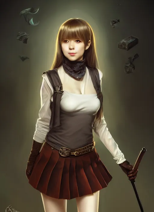 Image similar to portrait of a full body of beautiful young female detective, d & d, sleeveless turtleneck, pleated skirt, fantasy, flat lighting, intricate, highly detailed, digital painting, artstation, concept art, smooth, sharp focus, illustration, misa amane, art by simon bisley and greg rutkowski and alphonse mucha, natural tpose
