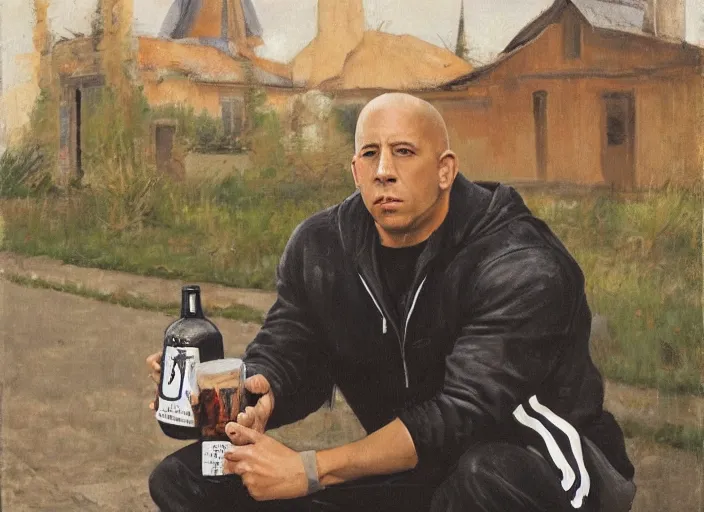 Image similar to vin diesel in black adidas sport costume, as gopnik character, sitting on a bench with a bottle of beer in the courtyard of a provincial russian town, intricate, oil on canvas, naturalism