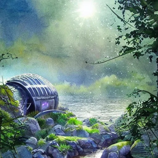 Image similar to beautiful happy picturesque charming sci - fi organic pod - like homes of the future in a beautiful natural scene. water, trees and rocks. beautiful light. soft colour scheme. beautiful artistic detailed watercolor by lurid. ( 2 0 2 2 )