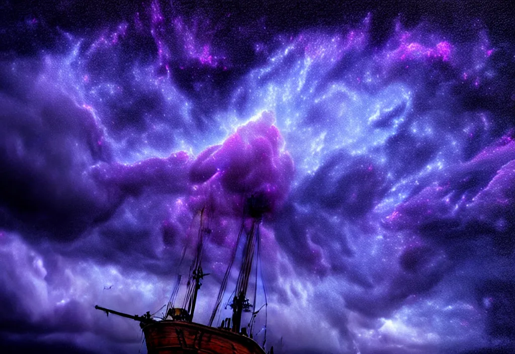 Image similar to purple color lighting storm with stormy sea close up of a pirate ship firing its cannons trippy nebula sky with dramatic clouds painting by banksy