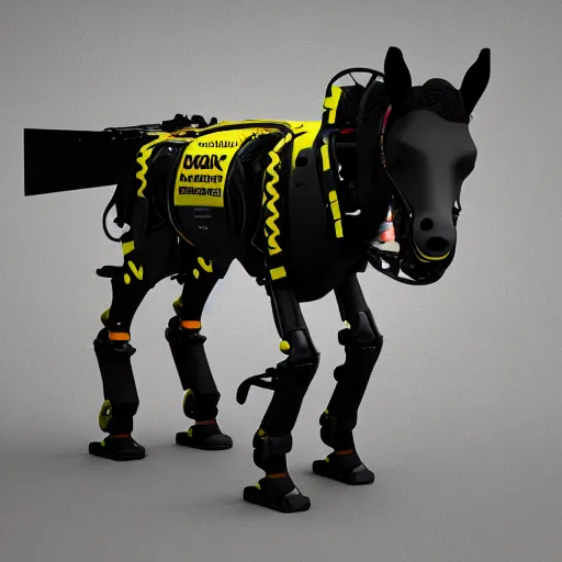 Prompt: boston dynamics horse robot, black with yellow accents, photorealistic, 8 k, octane render