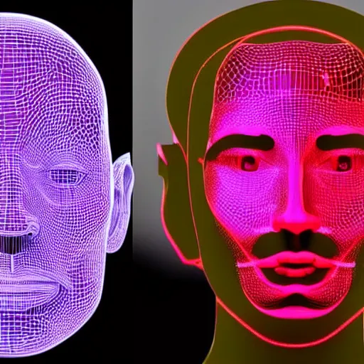 Image similar to a 3d human head made up of shiny holograms