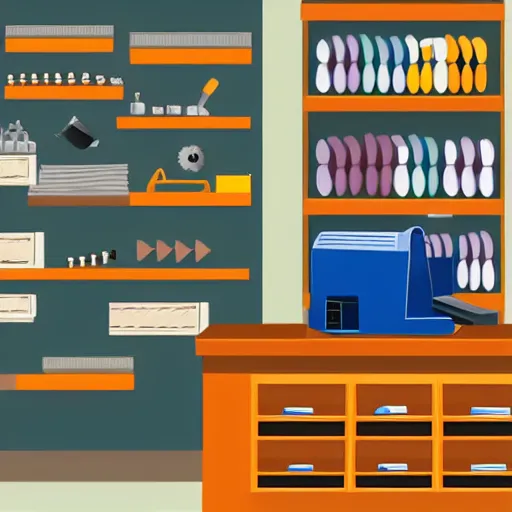 Prompt: cash register in foreground. shelves of hammers and screws and screwdrivers and hard hats in the background. vector art