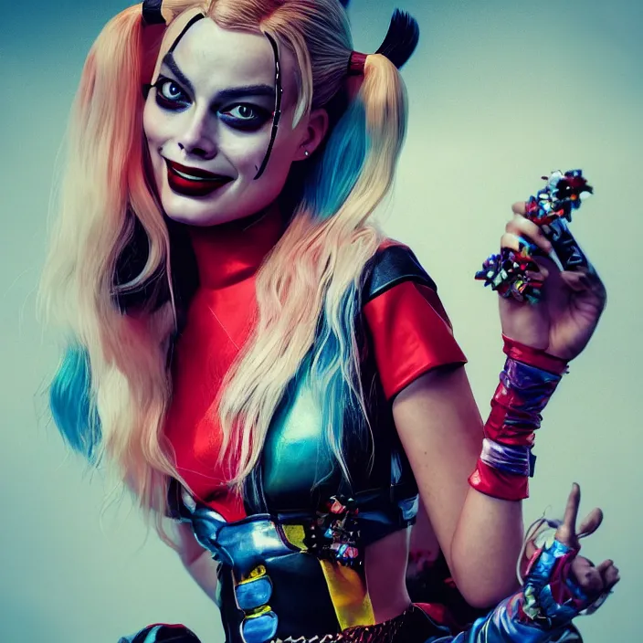 Image similar to portrait of Margot Robbie as a harley quinn. intricate abstract. intricate artwork. by Tooth Wu, wlop, beeple, dan mumford. octane render, trending on artstation, greg rutkowski very coherent symmetrical artwork. cinematic, hyper realism, high detail, octane render, 8k, iridescent accents