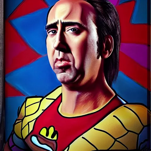 Image similar to nic cage as spongebob squarepants, buff, painted portrait, highly detailed,