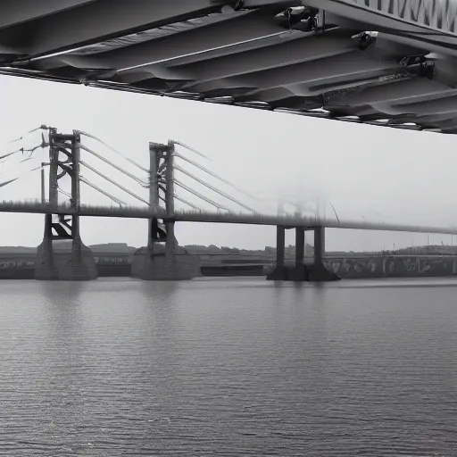 Prompt: a container ship in the water under the francis scott key bridge. the water is choppy and glossy. there is a feeling of powerful immense energy and power. imax 7 0 mm, ultrarealistic, cgsociety, 3 d octane render, ue 5.