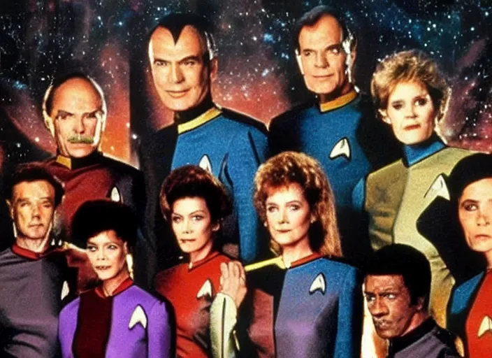 Image similar to a promo photo from a 1 9 8 0 s sci - fi tv programme, star trek tng, deep space nine, star trek voyager, babylon 5, vhs distortion