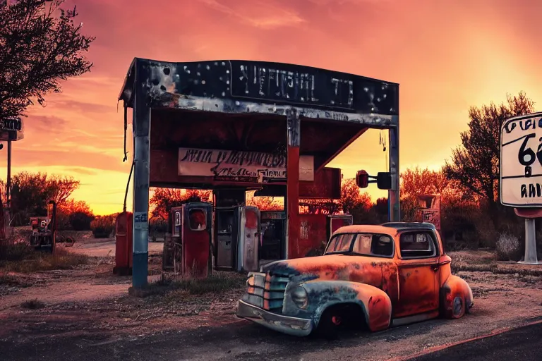 Image similar to a sunset light landscape with historical route 6 6, lots of sparkling details and sun ray ’ s, blinding backlight, smoke, volumetric lighting, colorful, octane, 3 5 mm, abandoned gas station, old rusty pickup - truck, beautiful epic colored reflections, very colorful heavenly, softlight