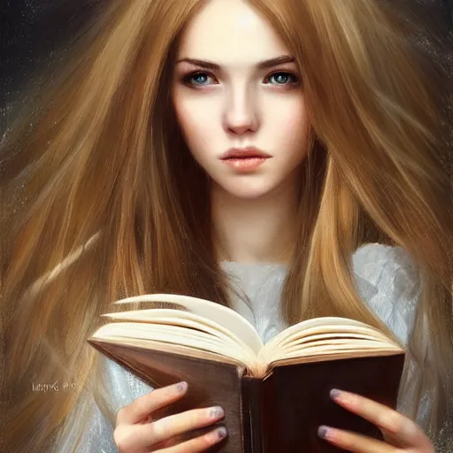 Image similar to a girl reading a book, hair flowing down, 8 k, hyperrealistic, hyperdetailed, fantasy portrait by laura sava