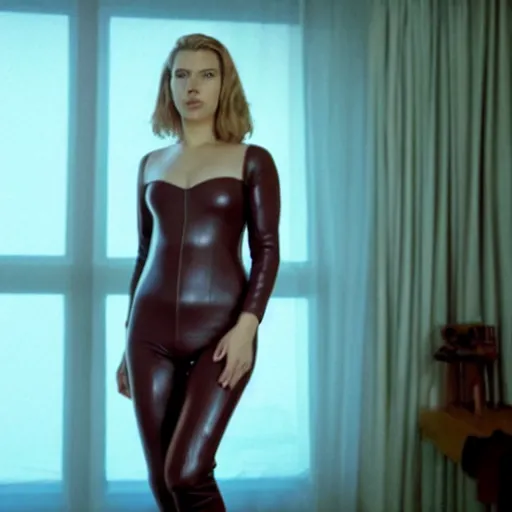 Image similar to fully clothed, amazing beautiful carlett johansson in leather body suit and high heels in bedroom, film still from the movie directed by denis villeneuve, wide lens