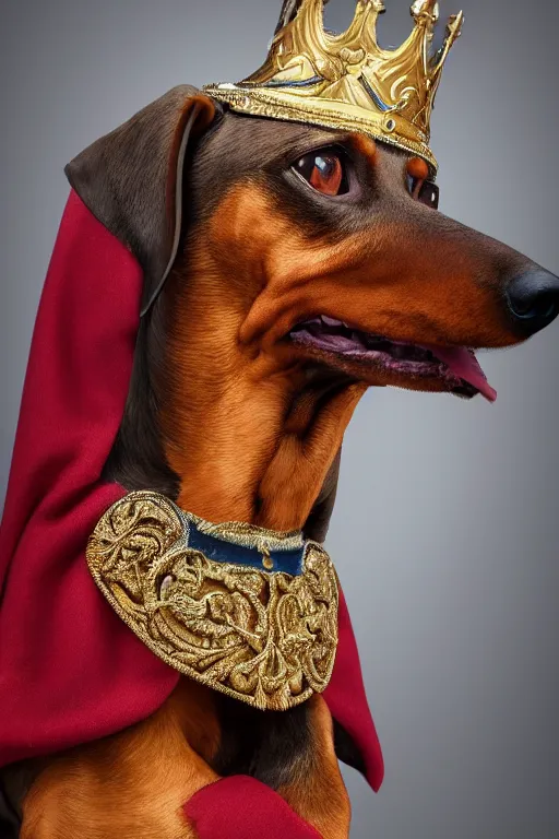 Image similar to an oil painting portrait of a dachshund wearing medieval royal robe and an ornate crown on a dark background, digital Art, concept Art, highly detailed, 3-D 4K, trending on art station, Award winning, Mark Brooks