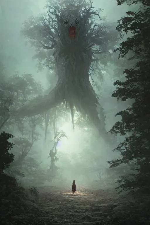 Image similar to a beautiful terrifying tree monster looms over a tiny human in an epic location at dawn, ethereal fantasy art by greg rutkowski