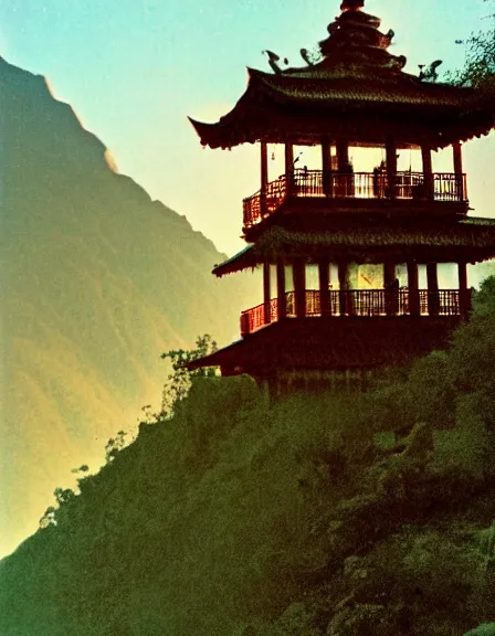 Image similar to vintage color photo of light floating over a temple in the jungle in Cordillera De Los Andes, 8k definition