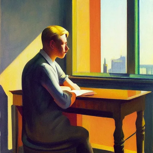 Prompt: a detailed painting, blonde man at a office desk, edward hopper,