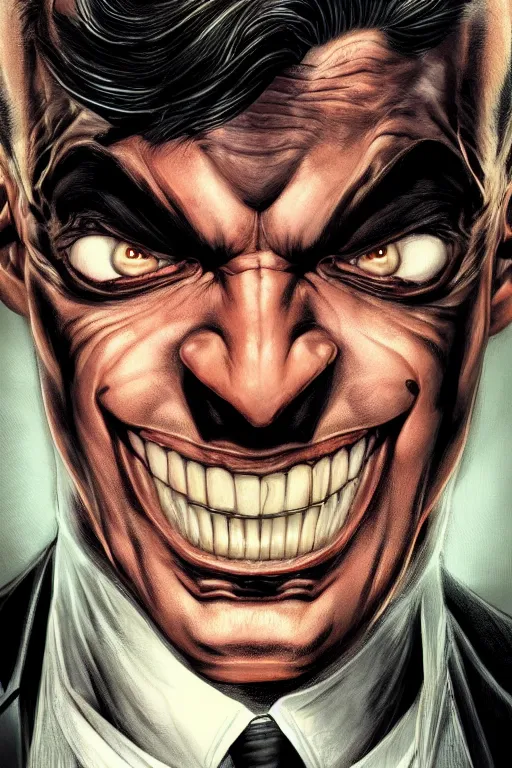 Image similar to aesthetic digital portrait of a handsome young man with a sinister grin by brian bolland, rachel birkett, alex ross, and neal adams | dark, intimidating, imposing, portrait, character concept, concept art, unreal engine, finalrender, centered, deviantart, artgerm