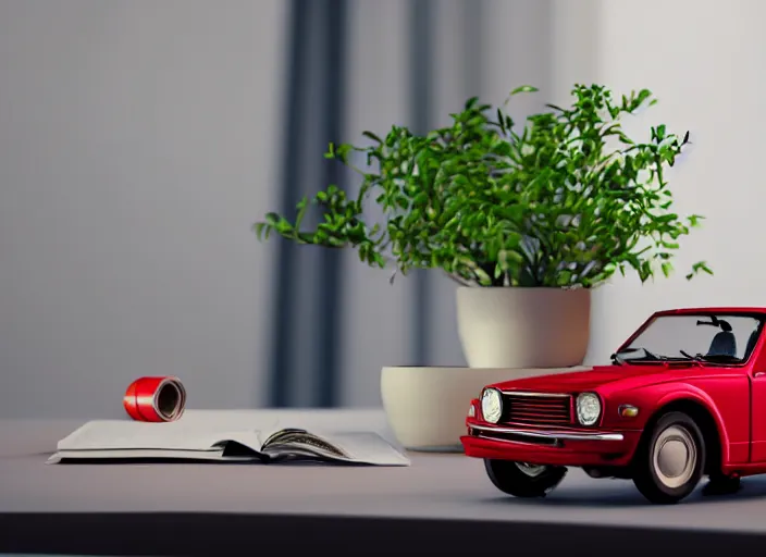 Prompt: a small miniature of a red Datsun 1200 on a white table near a book and a vase with a plant, 3d render, octane render, unreal engine 5, path tracing, serene landscape, calm, relaxing, beautiful landscape, highly detailed, high quality, 4k, symmetrical, low contrast