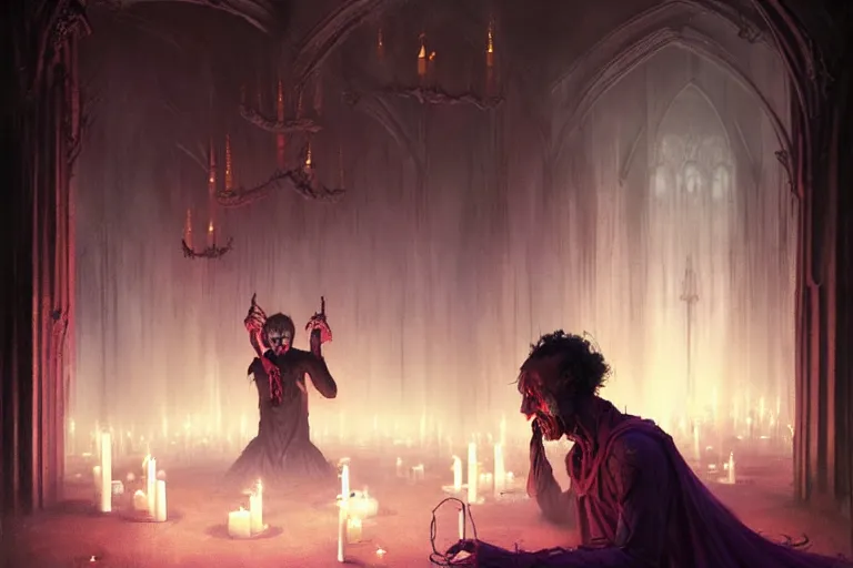 Image similar to Character concept art of Pretty guy male necromancer bringing dead to alive, casting dark magic spell. Gothic Castle room, lots of candles, barely lit warm violet red light, surrounded by ghosts coming through the floor By greg rutkowski, tom bagshaw, beksinski