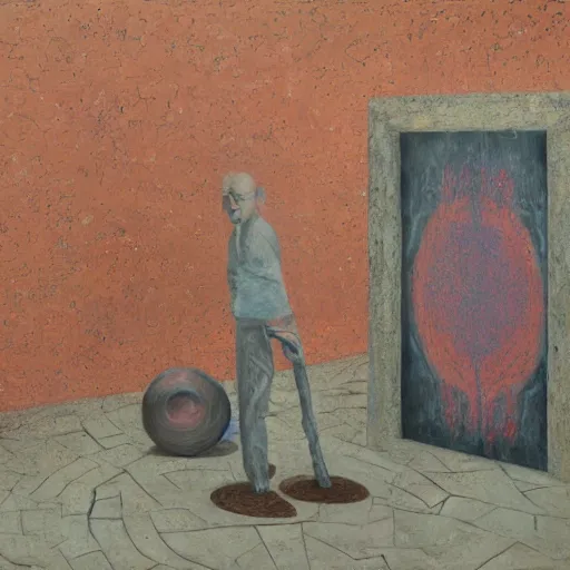 Image similar to a detailed, impasto painting by shaun tan and louise bourgeois of a conceptual forgotten sculpture by ivan seal and the caretaker